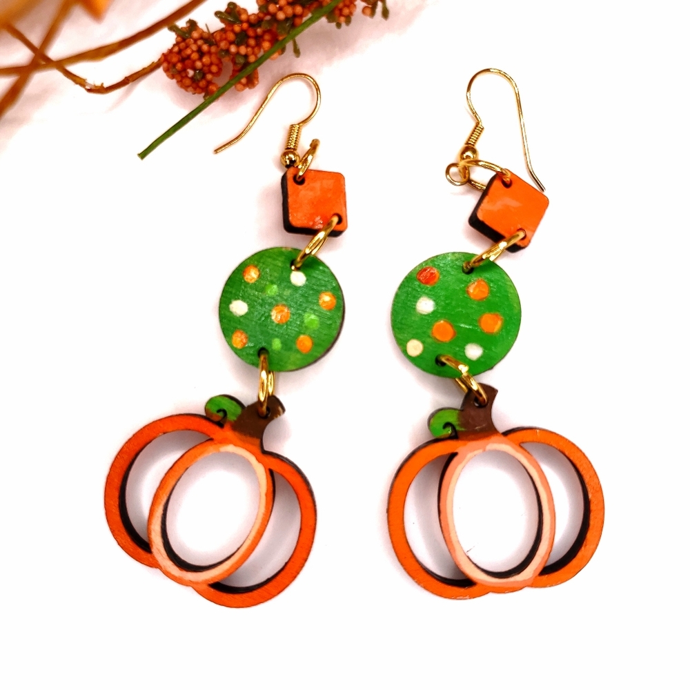 Pumpkin Earrings,Wooden Handpainted Dangle, 3.5 inches long.Lightweight Boho